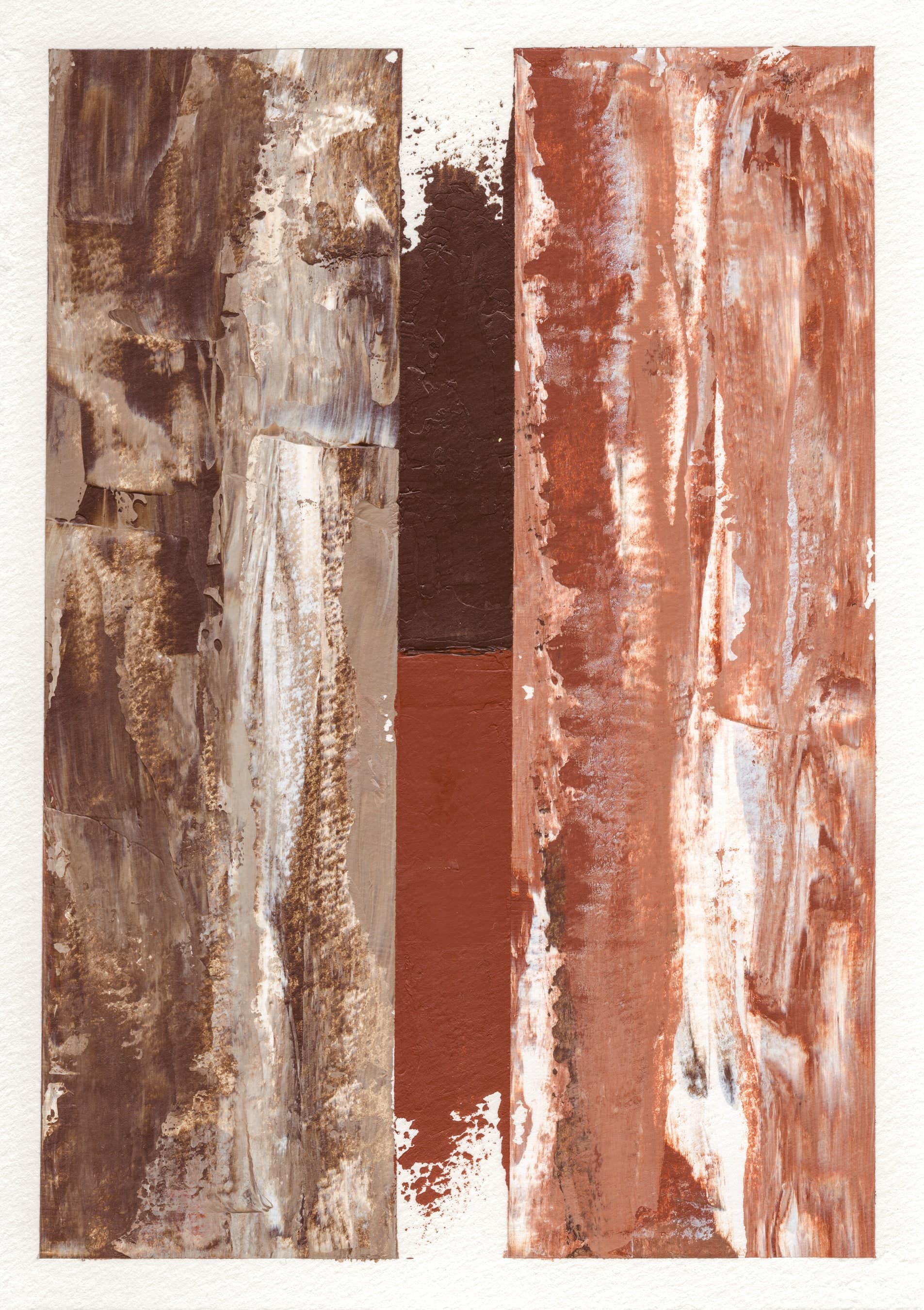 Pensamiento 04-B — scraped columns of rust and white around a dark brown band