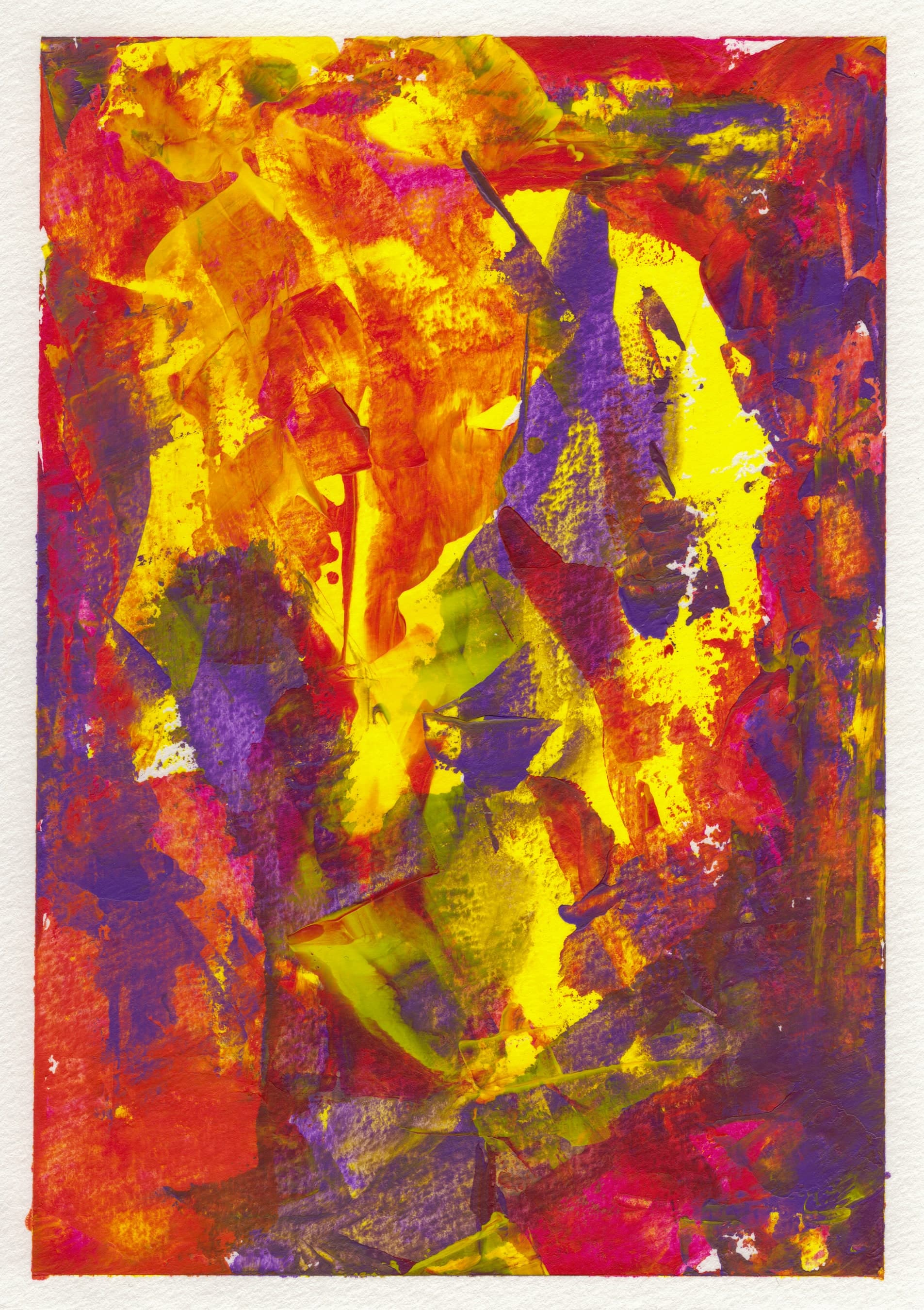 Pensamiento 01-A — yellow, red and violet strokes burning across the sheet