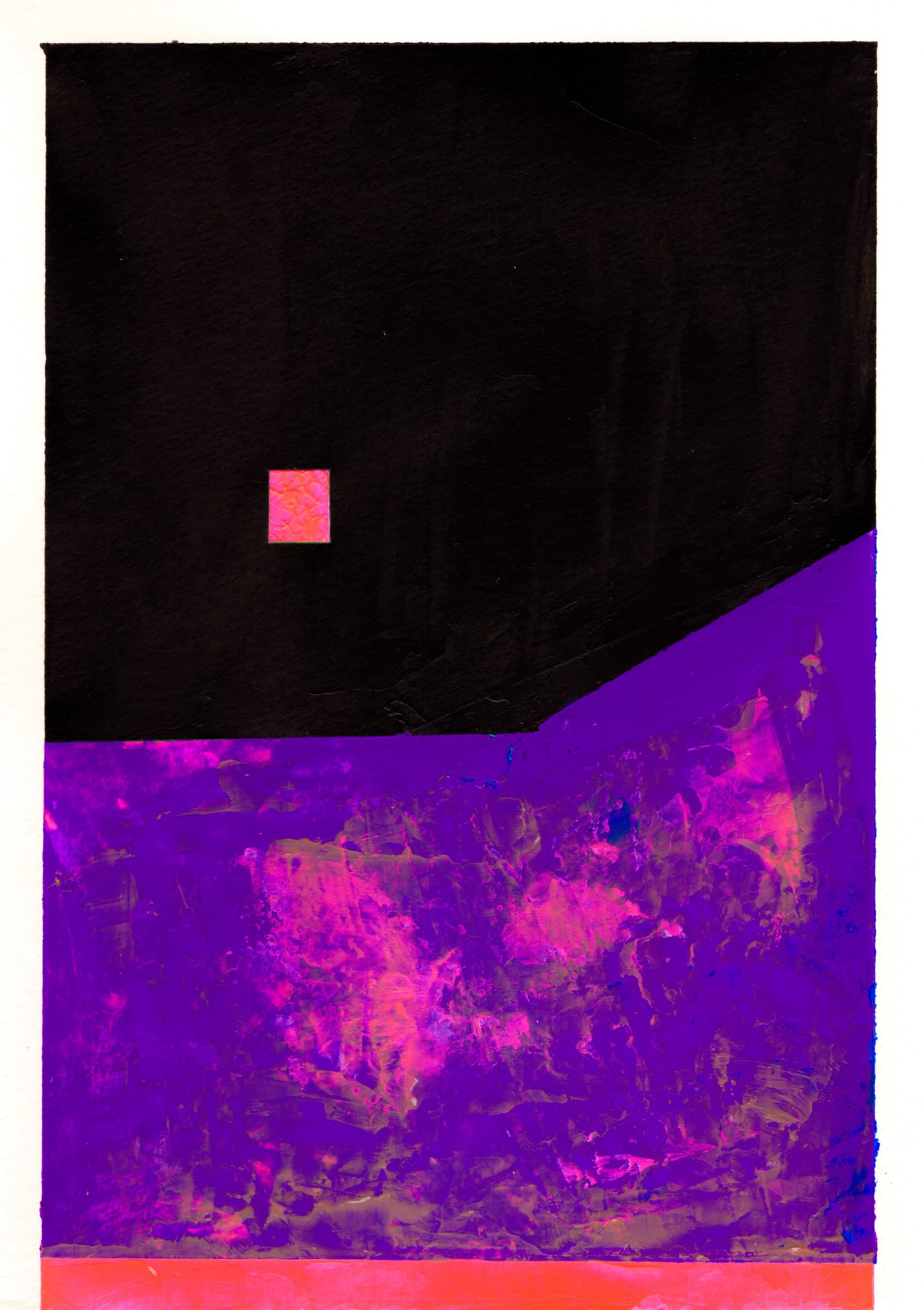 Pensamiento 03 — a black mass under a pink and violet sky, with one small pink square