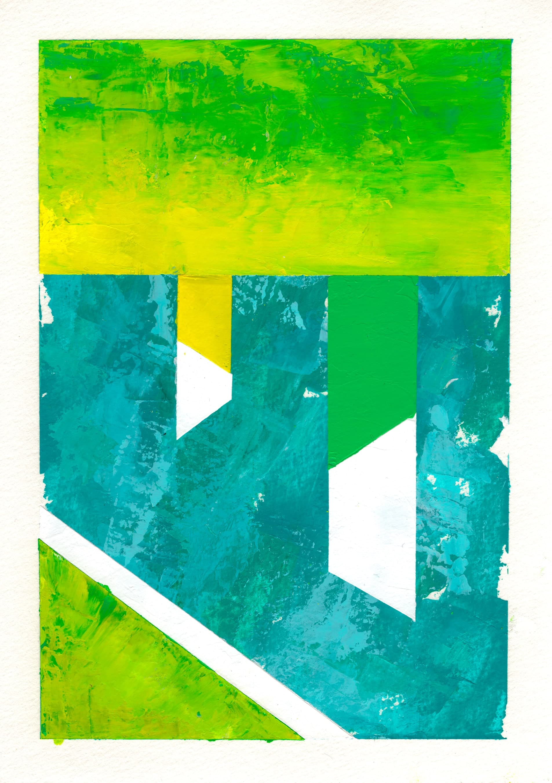 Pensamiento 09 — green, white and yellow shapes cut across a turquoise ground