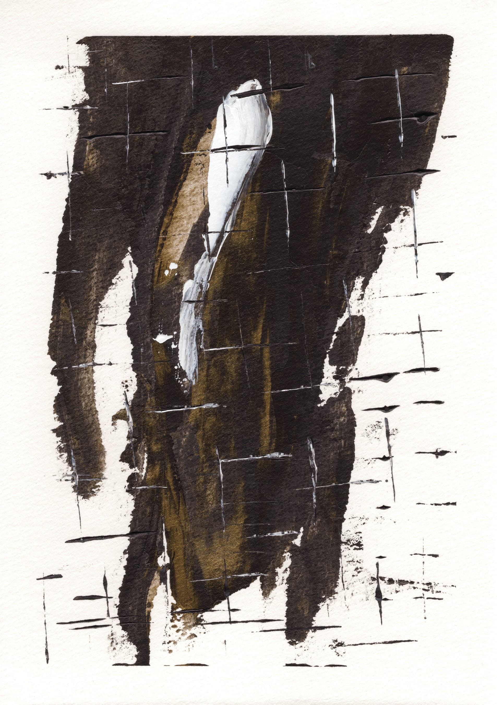 Pensamiento 11 — black and gold strokes rising over a white sheet marked with thin lines