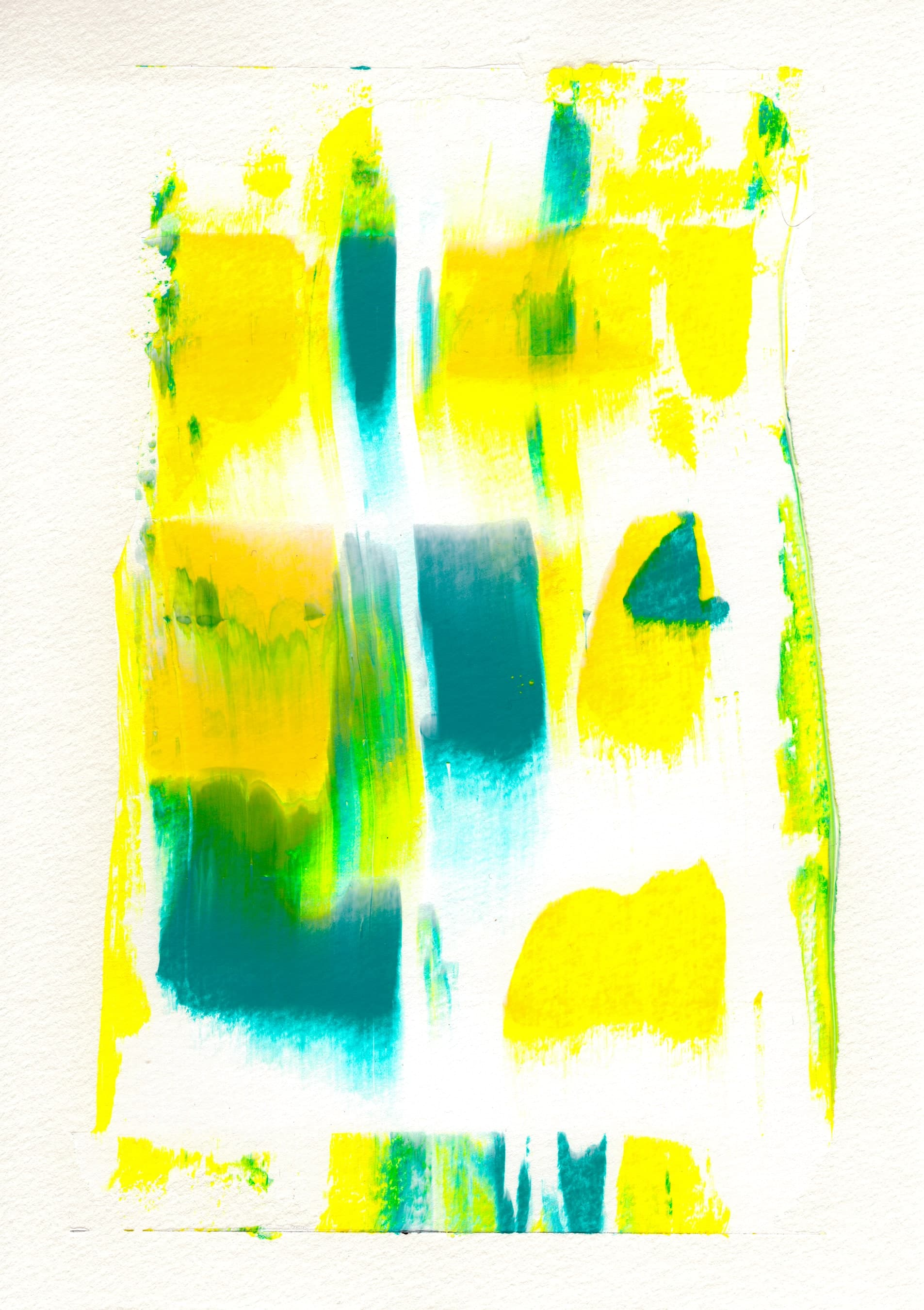 Pensamiento 12 — yellow and teal patches floating on the white sheet