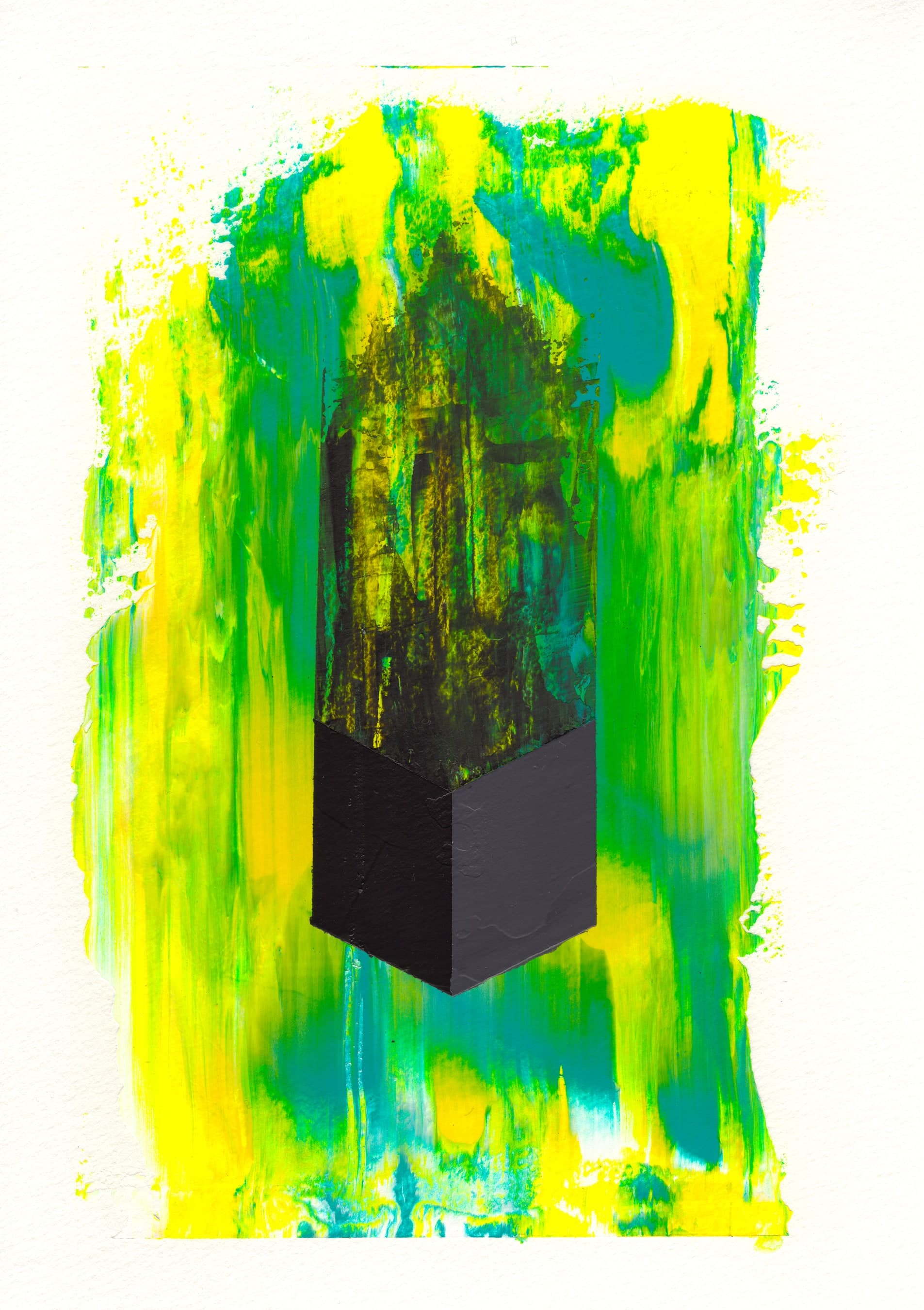 Pensamiento 13 — a black figure standing in the middle of green and yellow strokes