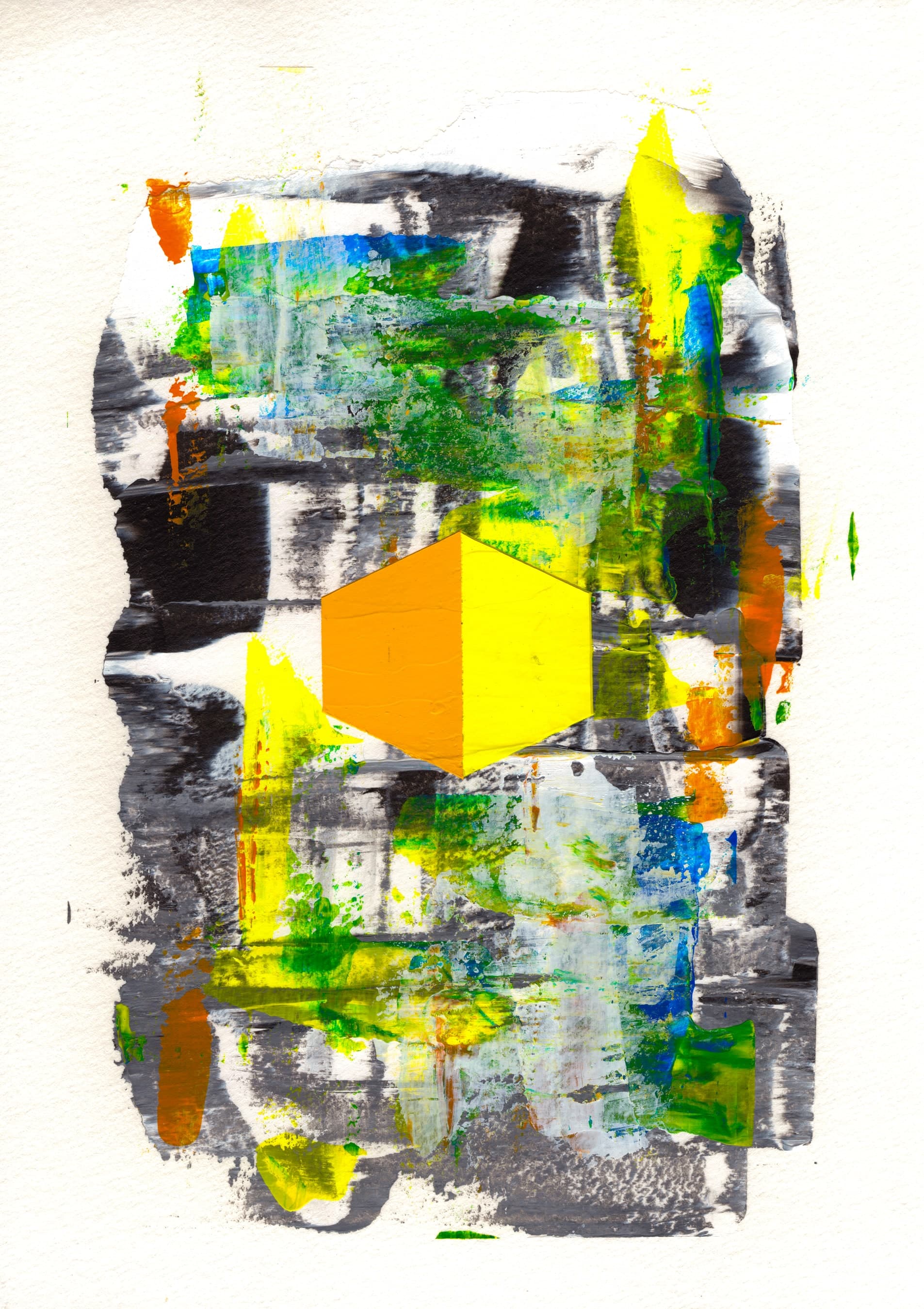 Pensamiento 14 — a yellow hexagon over black, blue and green strokes