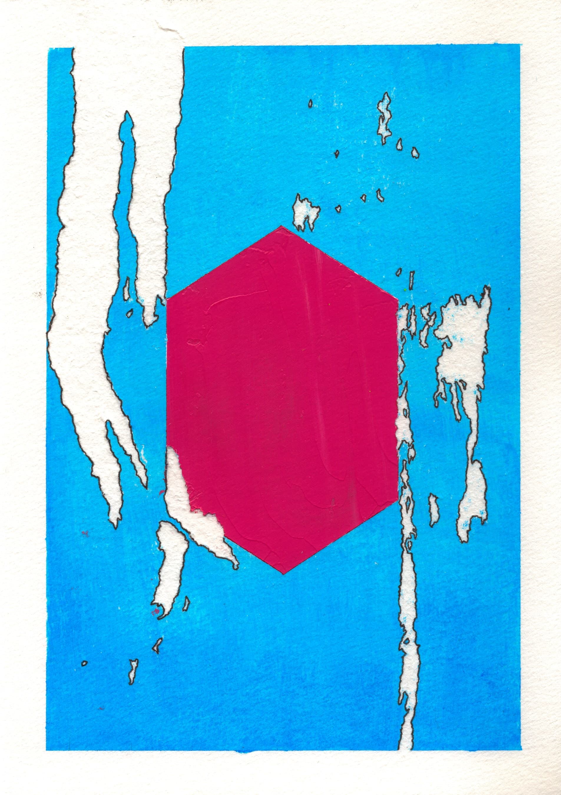 Pensamiento 15 — a magenta hexagon on a blue ground torn open by white