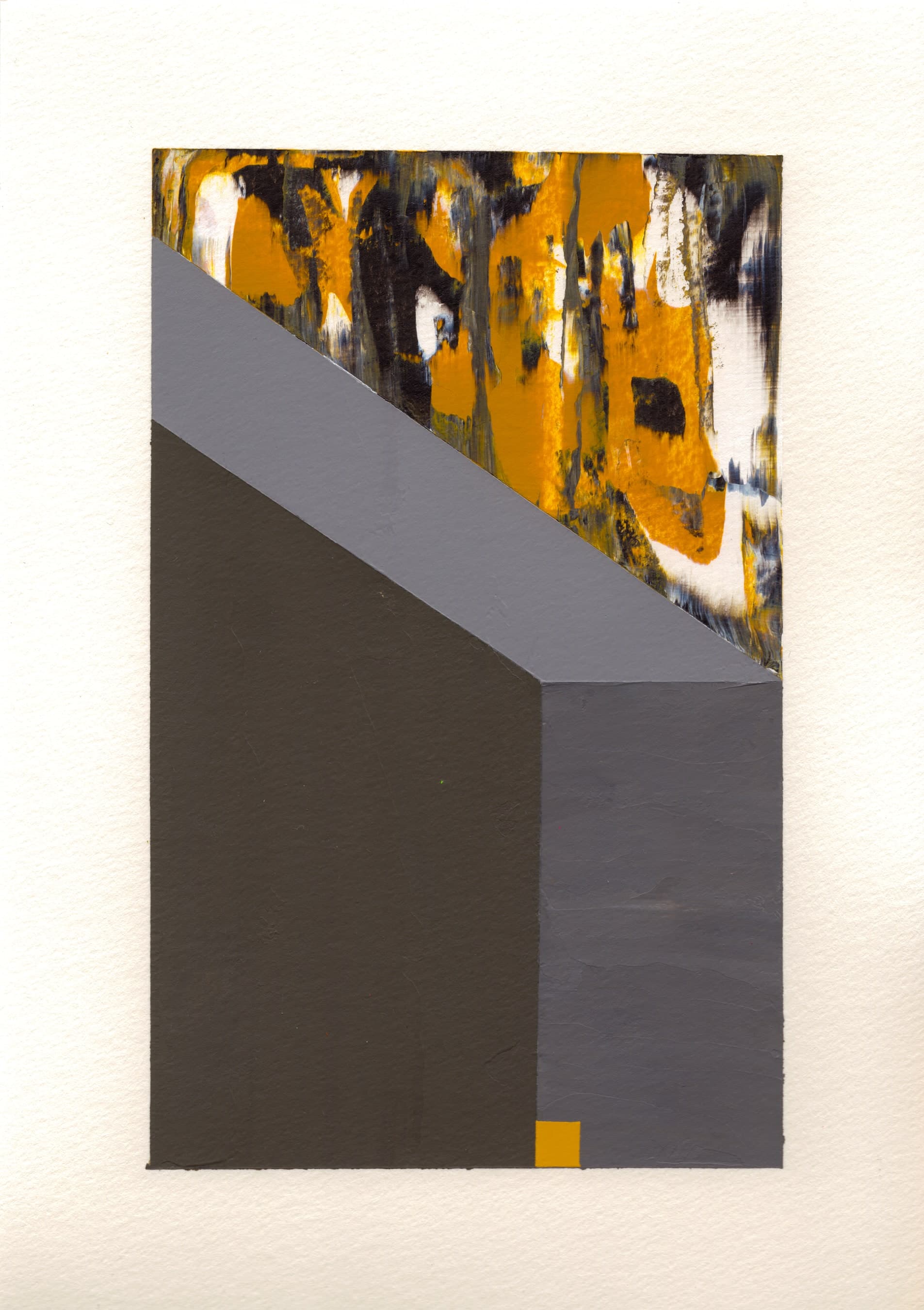Pensamiento 16 — grey planes folding under a band of yellow and black