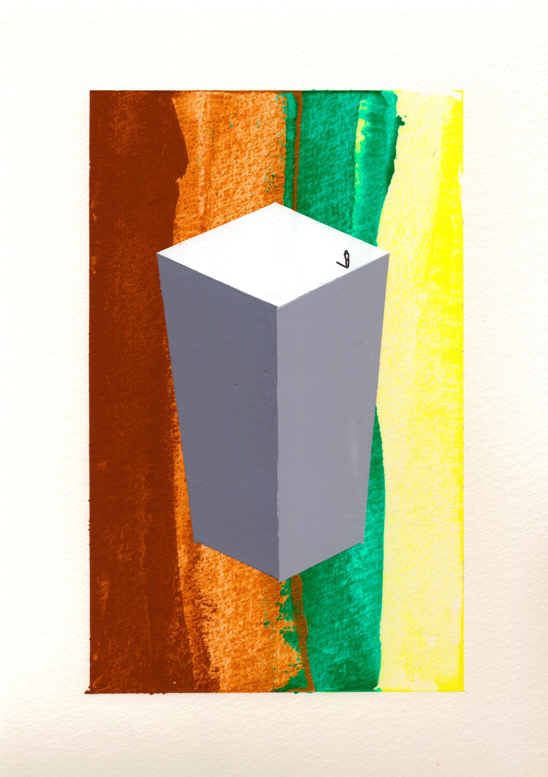Pensamiento 21 — a grey volume standing over bands of brown, green and yellow