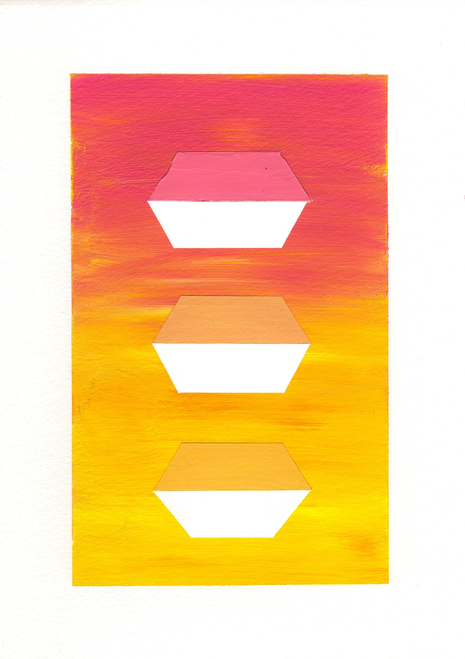 Pensamiento 22 — three pale volumes stacked on a yellow to pink ground