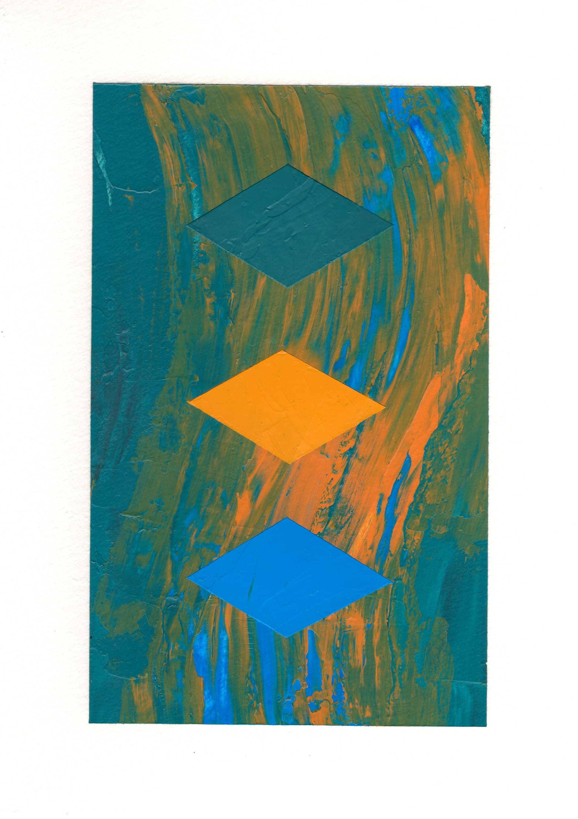 Pensamiento 25 — blue, orange and teal diamonds down a current of green and orange