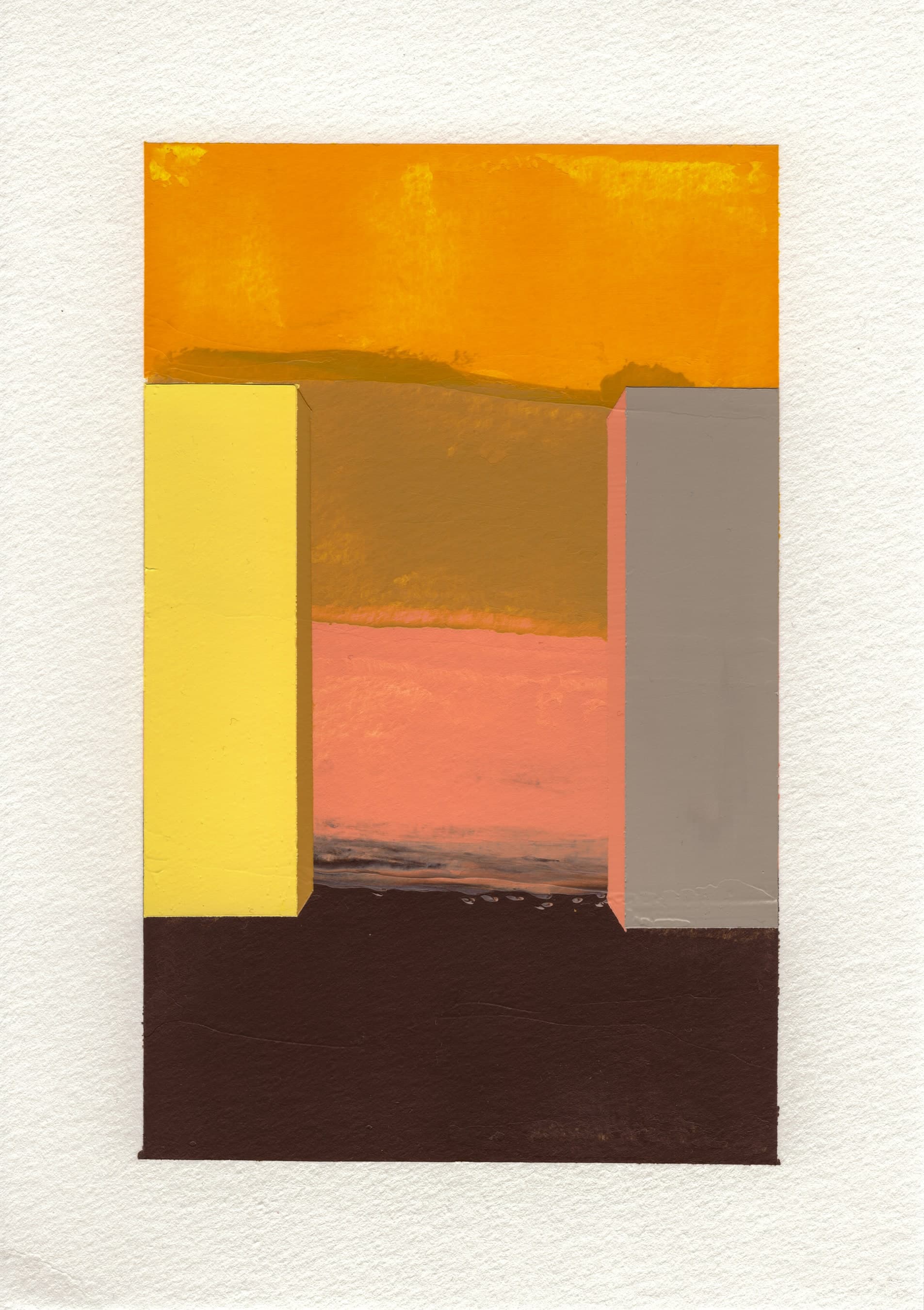 Pensamiento 27 — two pale columns standing open on a yellow and peach horizon over a dark ground