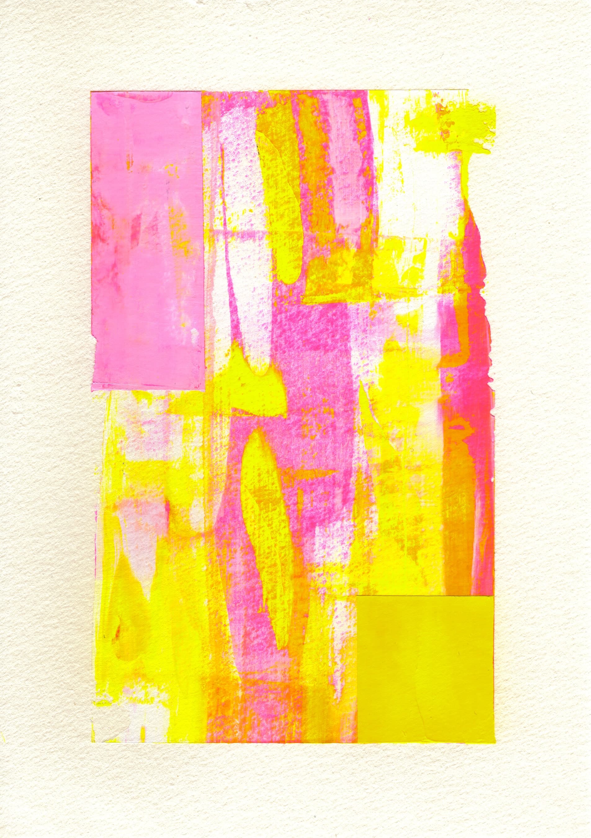 Pensamiento 28 — dry strokes of fluorescent pink, yellow and pale green, with a flat yellow block above and a pink one below