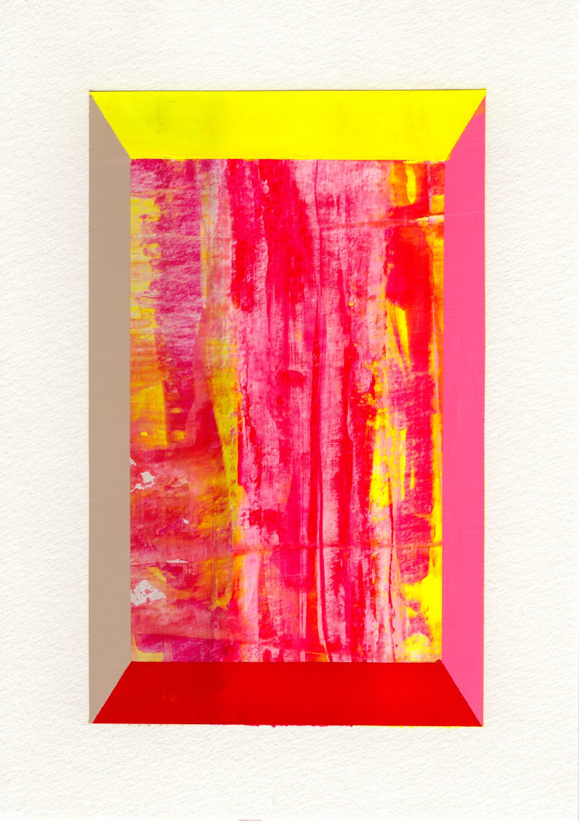 Pensamiento 29 — a bleeding red and yellow field set inside a painted frame seen in perspective